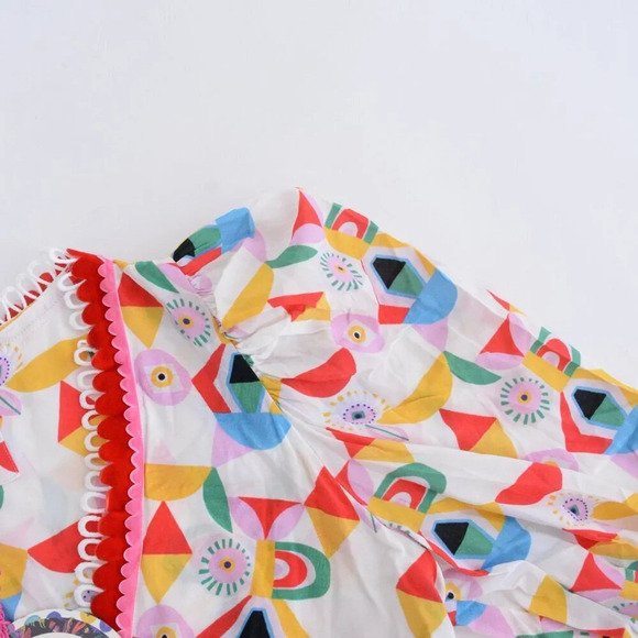 Celia B Gracia Dress White w Red Geometric Shape Deep V Tiered Scalloped Edge M - Picture 10 of 13